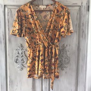 Faith and Joy LA Mustard Floral Wrap Top